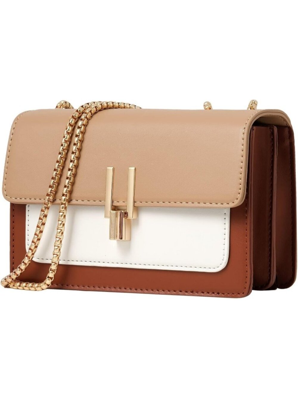 Women's Brown Color Block Leather Purse Chain Strap Crossbody Shoulder Bag